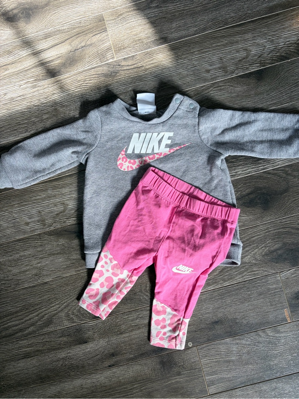 Nike Gray Sweatshirt with Pink Leopard Logo & Bright Pink Leggings